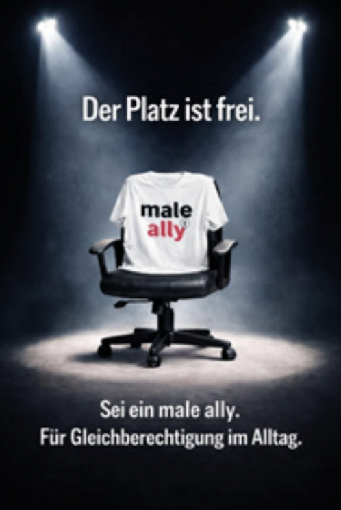 Auf einem leeren Bürostuhl liegt ein weißes Shirt mit der Aufschrift "Male Ally"