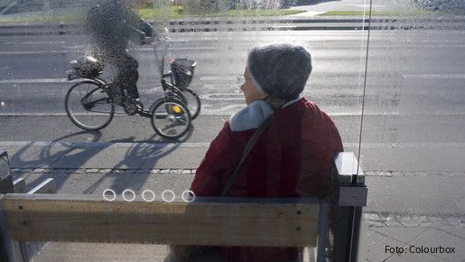 Eine ältere Dame in winterlicher Bekleidung sitzt an einer Bushaltestelle und wartet.