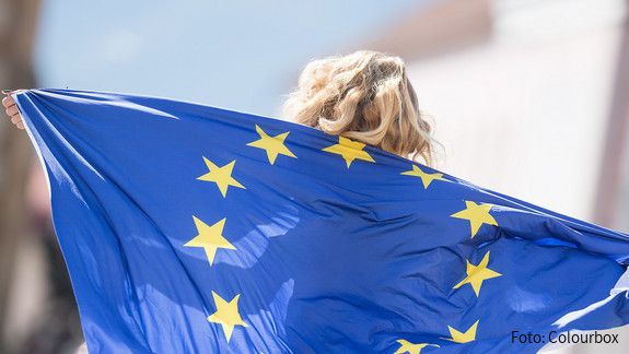 Aktuelles aus dem Herzen der EU #Mai 2025 Das Foto zeigt ein Mädchen, das eine EU-Fahne als Umgang nutzt. Die Sterne sind zu erkennen, über dem Rand der Fahne ihre Haare.