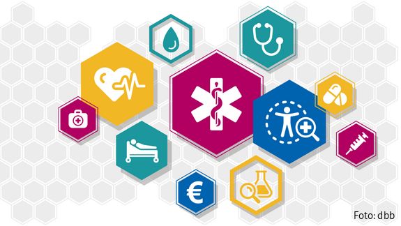 Seniorenpolitische Fachtagung: Neuausrichtung statt Leistungskürzungen Zu sehen ist eine Collage mit Icons aus dem Gesundheitsbereich.