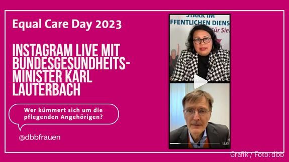 dbb bundesfrauenvertretung Karl Lauterbach Grafik zum Instagram-Live der dbb frauen mit Bundesgesundheitsminister Karl Lauterbach und dbb frauen Chefin Milanie Kreutz anlässlich des Equal Care Day am 1. März 2023